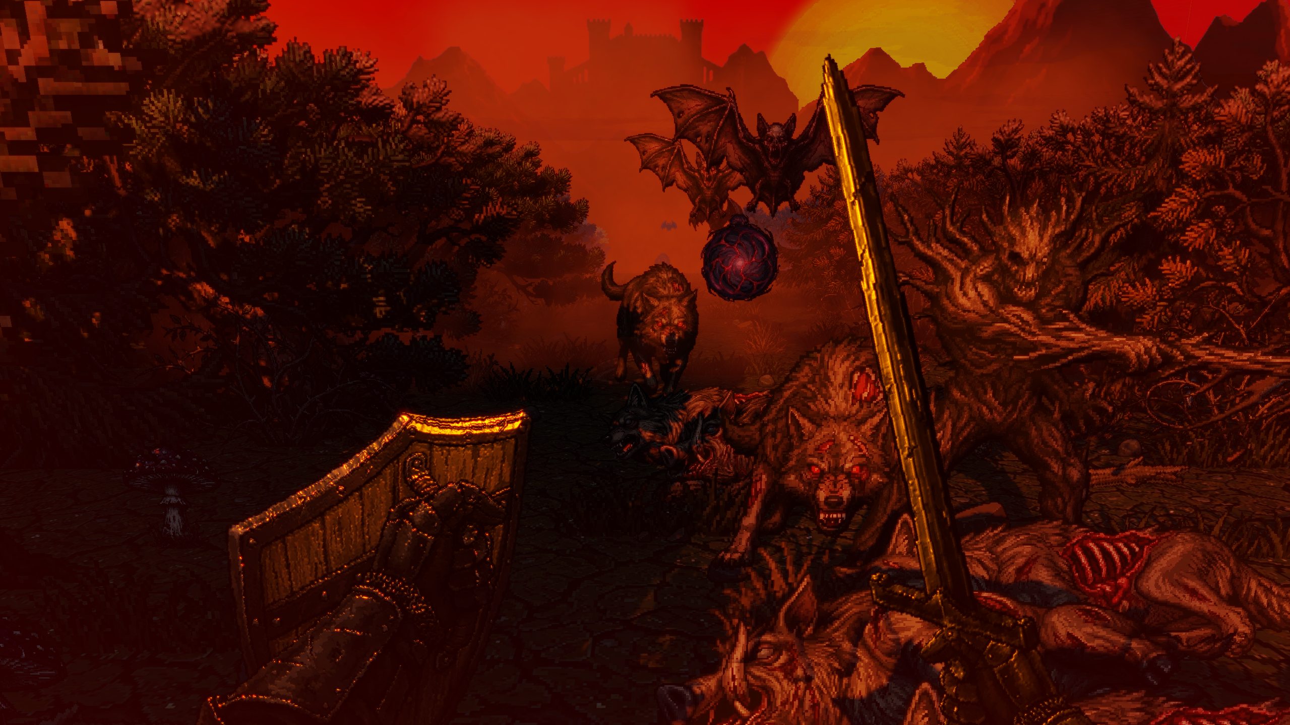 Darkest Path gameplay with enemies under a red sky